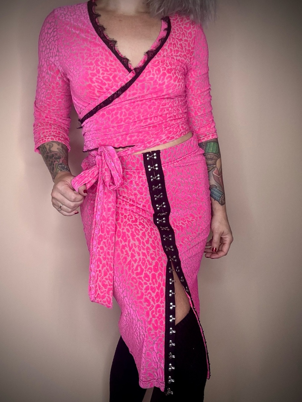Hot Pink Leopard Black Lace Wrap Skirt Set Small